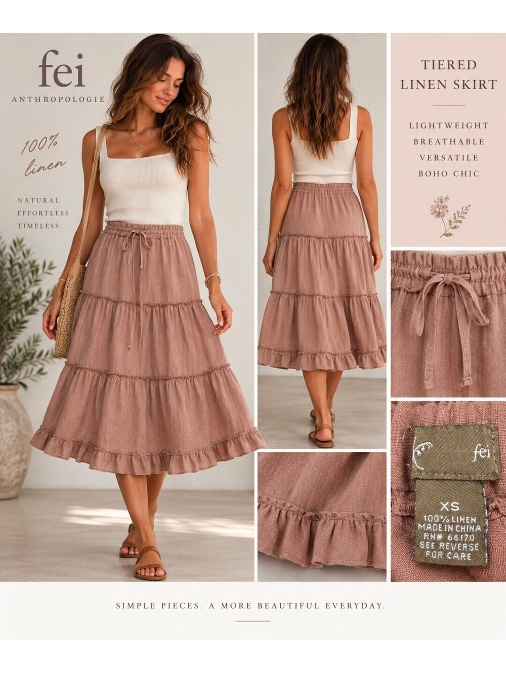 Anthropologie FEI 100% Linen Tiered Midi Skirt XS Boho Ruffle Drawstring